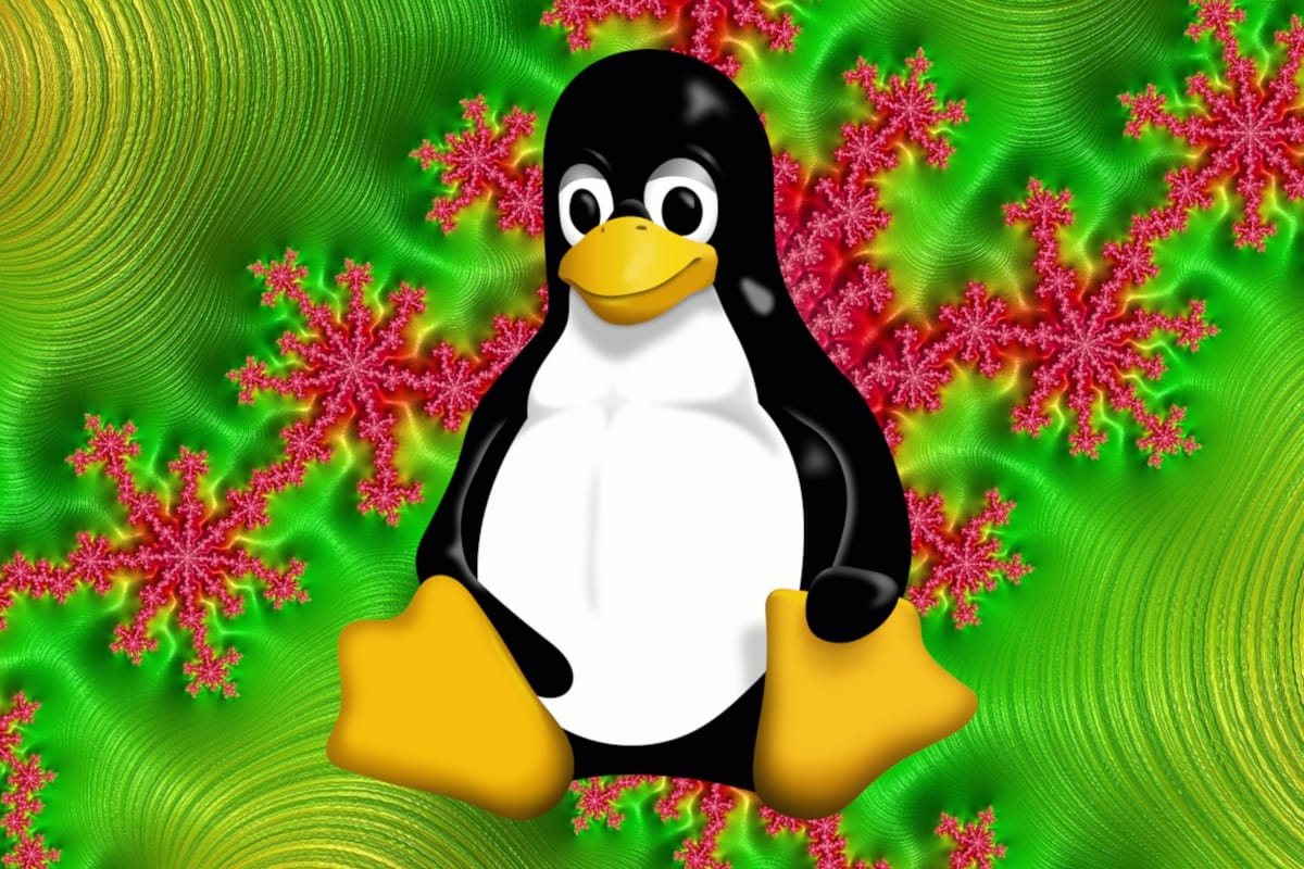 The Linux mascot, a penguin, is sitting with a relaxed expression on its face, in front of a fractal, psychedelic pictures of magenta swirls in a sea of lime green.