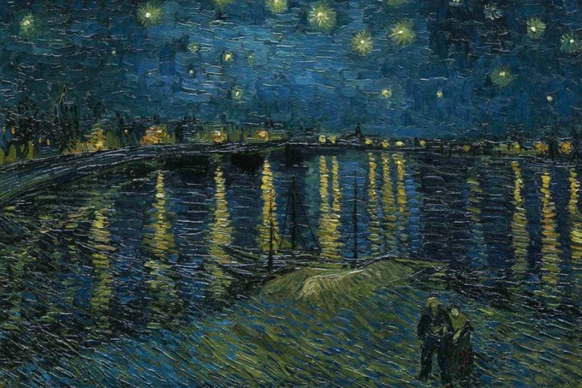 Van Gogh’s impressionist painting of a port at night with lanterns reflecting off the water, empty sailboats, and a couple walking by