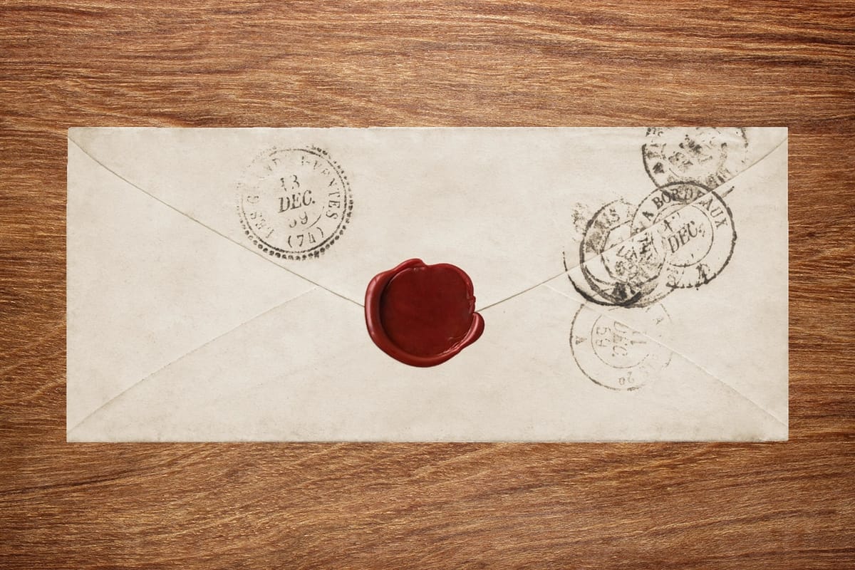 An old letter envelope with an intact red wax seal and several postage marks, stamps from offices in France, sitting on a stained piece of wood